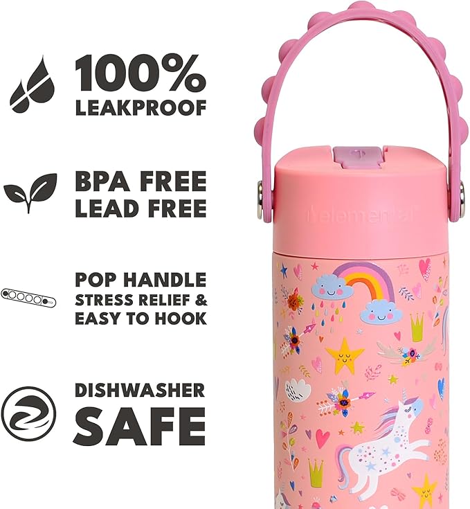 Elemental Insulated Kids Water Bottle, Stainless Steel Water Bottle with Straw Lid & Pop-It Handle, Leak-Proof Water Bottles for School, Boys or Girls, Travelling and Sports, 18oz - Pink Unicorn