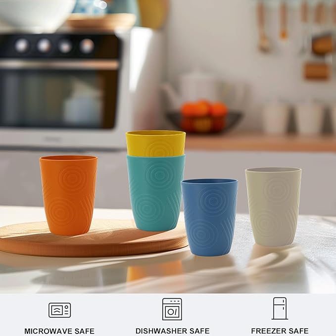 12 oz Wheat Straw Cups Set of 6, Alternatives to Plastic Cups Reusable, Unbreakable Drinking Glasses, Dishwasher Safe Drinking Cup, Small Water Cup for Kitchen (Multicolor)