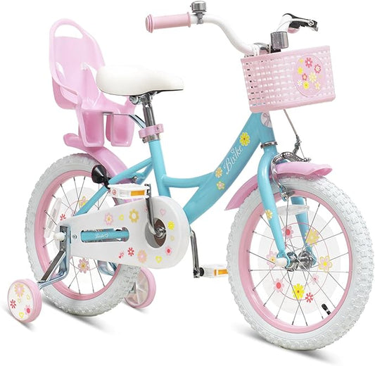 Girls Bike with Basket for Toddlers and Kids Aged 3-14 Years Old, 12 14 16 18 Inch with Training Wheels & Doll Seat, 20 Inch with Kickstand & Rear Rack, Princess Style Bicycle for Gift.