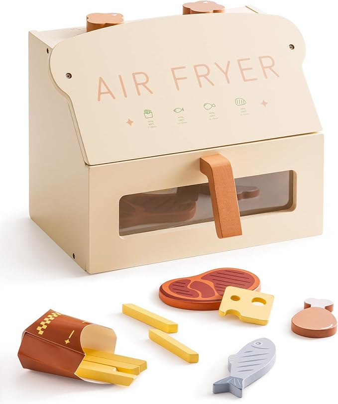 ROBOTIME Wooden Toy Air Fryer for Kids, Play Kitchen Accessories, Wooden Kitchen Play Food Set, Pretend Cooking Toys for Toddlers Kitchen Set, Role Play Gift for Boys & Girls