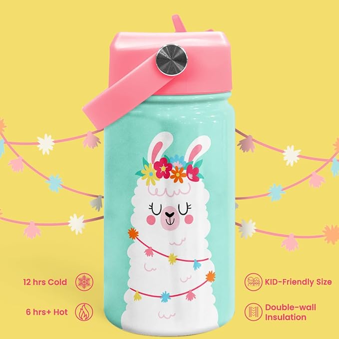 Llama Water Bottle - Kids Water Bottle with Straw Lid - 12 Oz Insulated Stainless Steel Water Bottles for Kid Girls - Travel Cup for School Sports