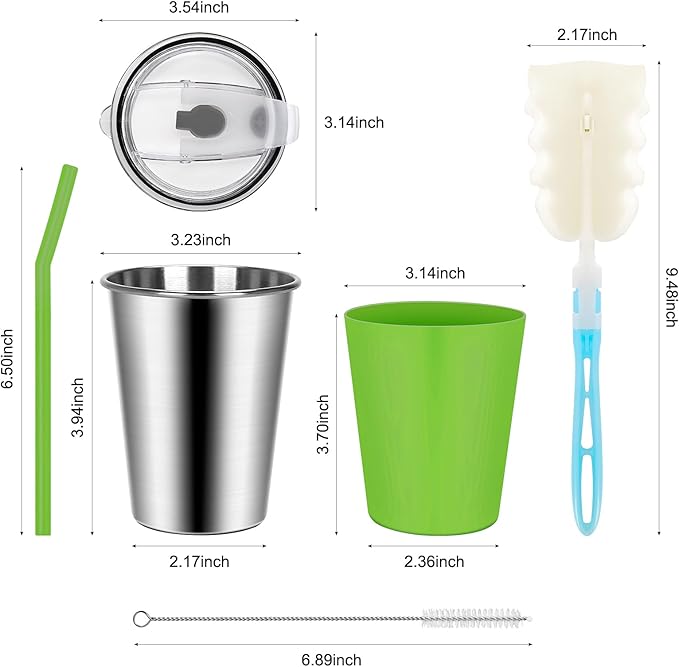 Kids Drinking Cups, Durable Stainless Steel Tumbler Cups with Lids and Silicone Straws, Easy-Grip Sleeves, Set of 2 Spill Proof Cups for Kids (Green & Yellow)