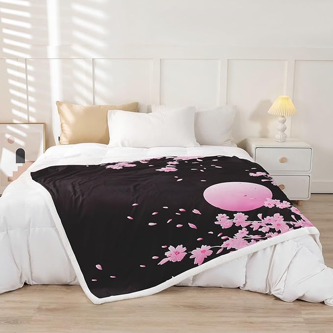 Cherry Blossoms Sherpa Blanket Japanese Plush Pink Moon Flowers Fleece Throw for Kids Adults Exotic Fuzzy Ultra Soft Black Bed Couch Chair Room Decor Baby 30x40 Inch