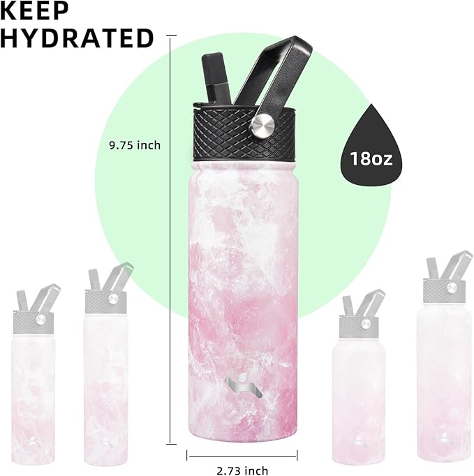 18 oz Insulated Water Bottle Stainless Steel Sport Bottles with 3 Lids,Marble Blossom
