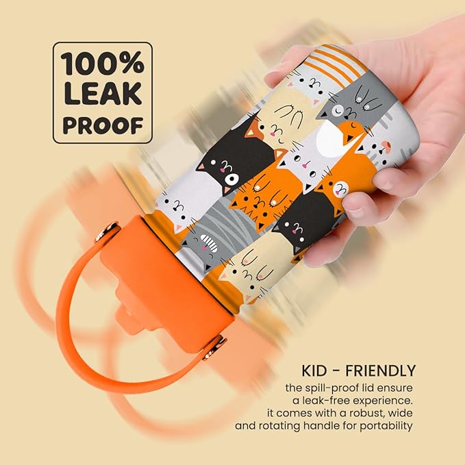 Cat Water Bottle - Kids Water Bottle with Straw Lid - 12 Oz Insulated Stainless Steel Water Bottles for Kid Boys Girl - Travel Cup for School Sports