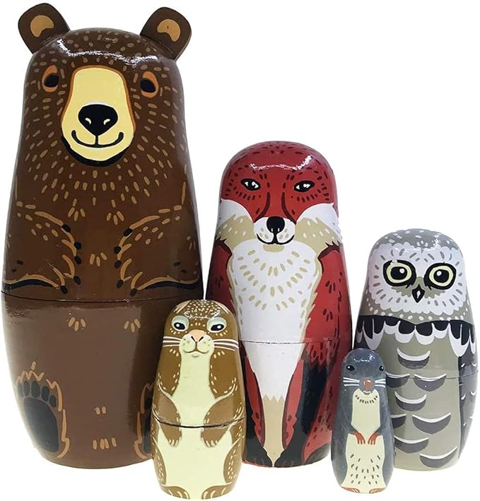 Nesting Dolls-Brown Cartoon Owl Bear Fox Raccoon Russian Nesting Dolls Wooden Matryoshka Doll Handmade Stacking Toy Set 5 Pieces for Kids