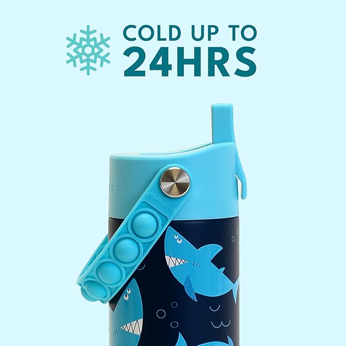 Elemental Insulated Kids Water Bottle, Stainless Steel Water Bottle with Straw Lid & Pop-It Handle, Leak-Proof Water Bottles for School, Boys or Girls, Travelling and Sports, 18oz - Sharks Ahoy