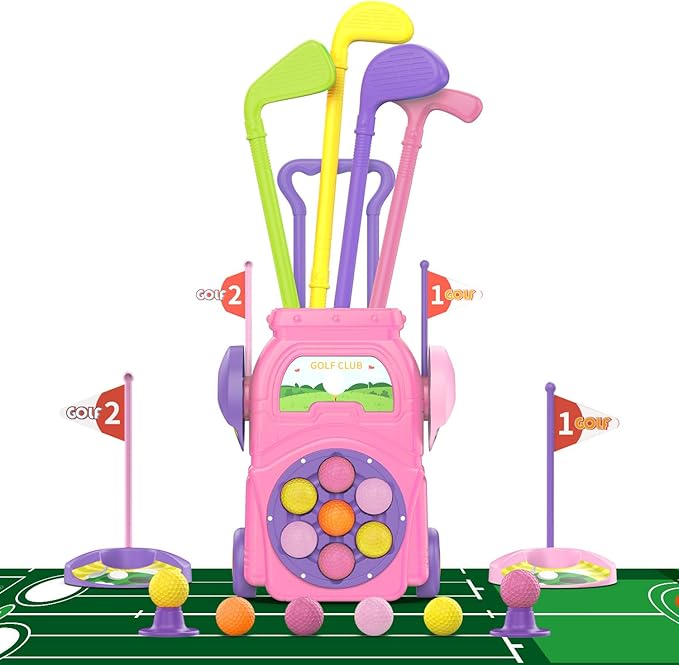 Kids Golf Toy Set for Toddlers Ages 3-5 – Preschool Sports Toys with Golf Cart, Putting Mat, 4 Clubs, 7 Balls & 2 Holes – Indoor Outdoor Learning Gift for Boys & Girls