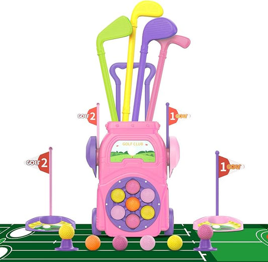 Kids Golf Toy Set for Toddlers Ages 3-5 – Preschool Sports Toys with Golf Cart, Putting Mat, 4 Clubs, 7 Balls & 2 Holes – Indoor Outdoor Learning Gift for Boys & Girls