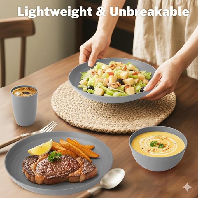 Wheat Straw Dinnerware Set 32 PCS, Dinner Plates,Dessert Plates, Drinking Glasses, Wheat Straw Bowls Set, Microwave and Dishwasher Safe Dishes Set for 8 for Outdoor, Camping, Picnic - Grey