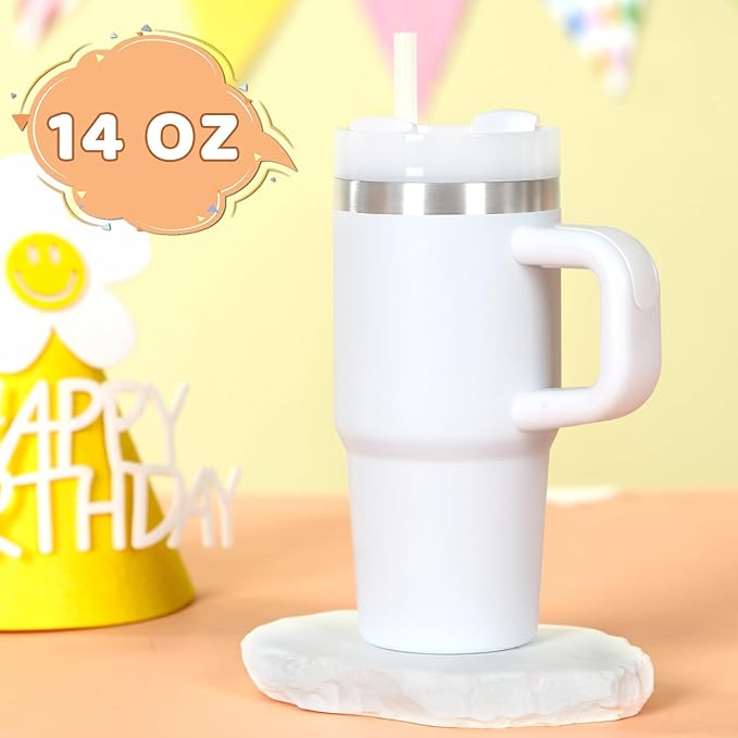 Cosictic 14 Oz Tumbler with Handle and Straw for Kids, Stainless Steel Double Wall Vacuum Insulated Cup for Children, 14 Oz Cups for Kids (Wihte)