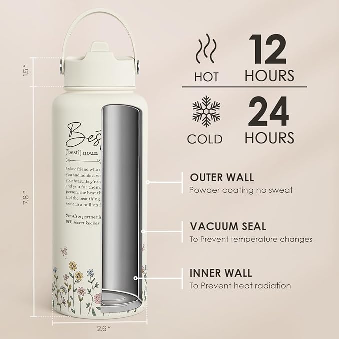 Best Friend Water Bottle 32oz Stainless Steel with Lid & Straw, Bestie Insulated Bottles for Women Girls Female Friends Sisters, Gifts Ideas for Birthday Christmas