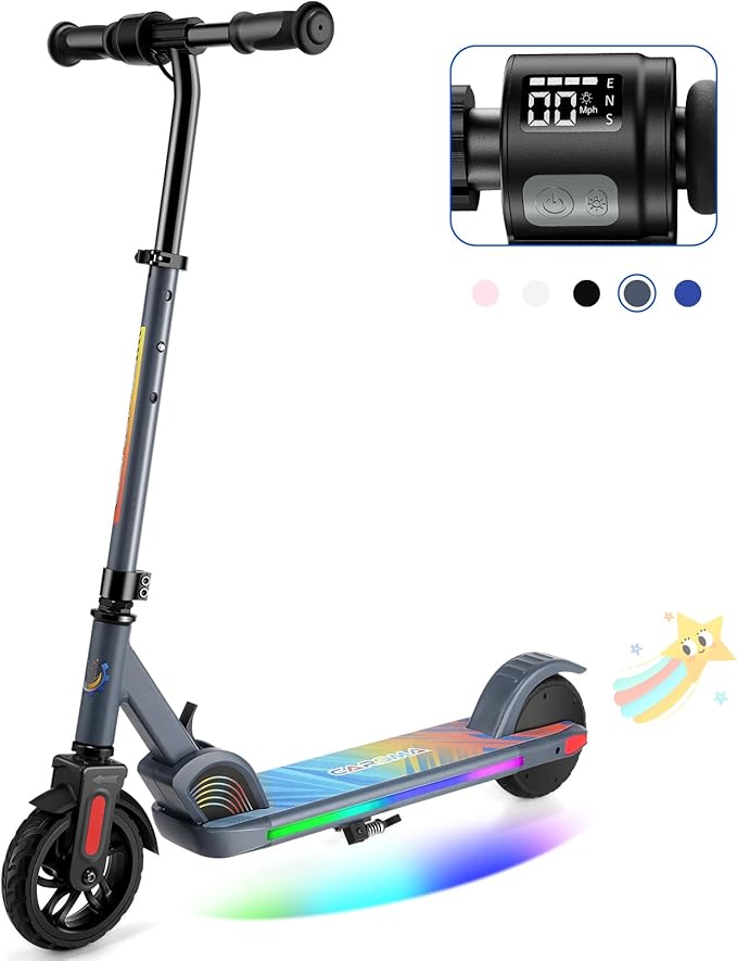 Caroma Electric Scooter for Kids Ages 6-14, 180W/150W Motor & 10 Mph, 85 Mins Ride Time, Adjustable Height & Speed, LED Display & Colorful Lights, Kids Electric Scooter, Best Gifts for Girls and Boy