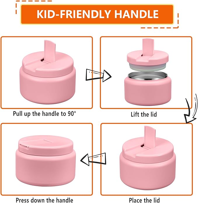 13.5oz Kids Jar for Hot Food, Insulated Vacuum Food Jar with Buckle Lid, Stainless Steel Wide Mouth Leak Proof Insulated Lunch Container for School Picnic Travel,Pink