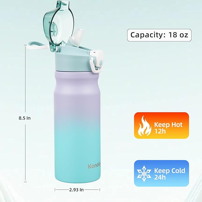 Insulated Water Bottle with Straw and Carry Loop,18 oz Stainless Steel Double Wall Vaccum Metal Water Flask with Leak-proof Lid,Lavender Green