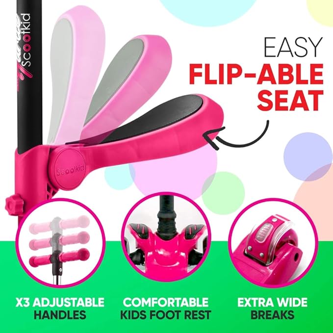 Hurtle 3-Wheeled Scooter for Kids - Wheel LED Lights, Adjustable Lean-to-Steer Handlebar, and Foldable Seat - Sit or Stand Ride with Brake for Boys and Girls Ages 1-14 Years Old