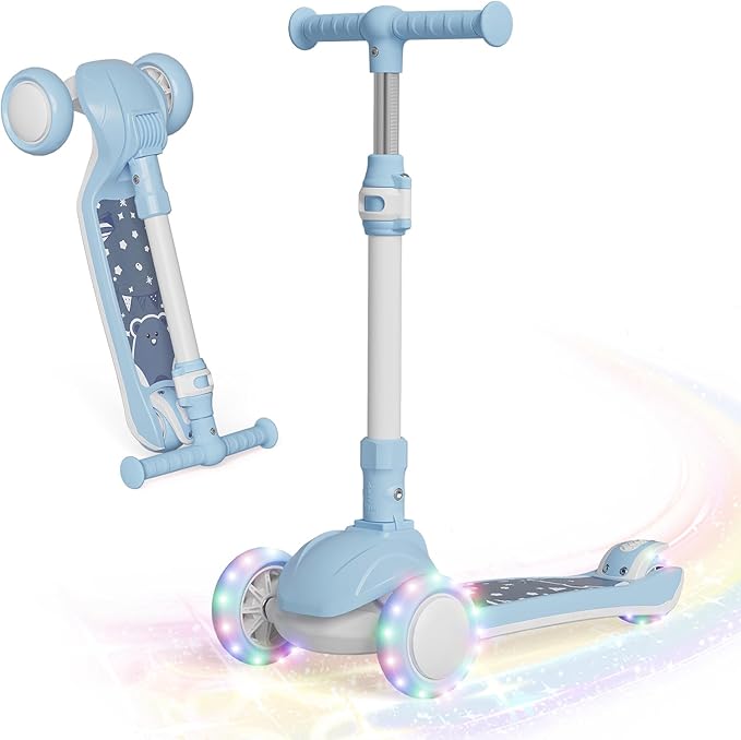 Kick Scooter Kids with LED Lighted Wheels and 3 Adjustable Height, Lean-to-Steer & Widen Anti-Slip Deck, 3 Wheel Scooter for Boys & Girls Up to 110 Lbs