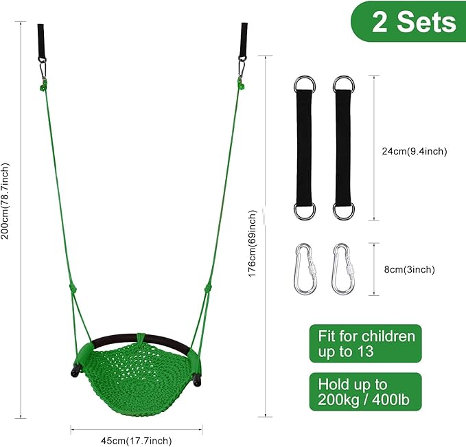 JKsmart 2 Pack Kids Swing Seat, Heavy Duty Rope Play Secure Children Swing Set, Toddler Swing Chair for Outdoor/Indoor/Playground/Home/Tree, with Snap Hooks and Swing Straps,440 lbs Capacity,Green