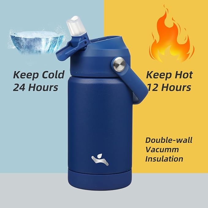 Insulated Water Bottle with Straw Lid,12 oz Stainless Steel Vacuum Metal Bottle with Silicone Handle,Klein Blue