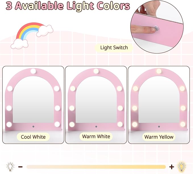 Costzon Kids Vanity with Lights, Corner Vanity Desk with Mirror, Storage Shelves, Wooden Princess Toddler Makeup Dressing Table, Kids Vanity Table and Chair Set for Little Girls (Pink)