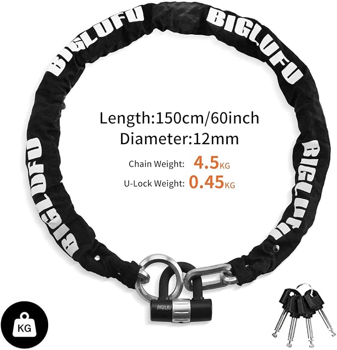 BIGLUFU Motorcycle Lock Chain Locks with 4Keys 16mm U Lock, 150cm/5ft Heavy Duty Long Chain, Cut Proof 12mm Thick Chains, Ideal for Motorcycles, Motorbike, Bike, Generator, Gates, Bicycle, Scooter