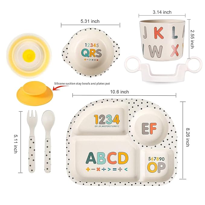 shopwithgreen 7Pcs/Set Bamboo Kids Dinnerware Set - Children Dishes - Food Plate Bowl Cup Spoon Fork Set Dishware, Cartoon Tableware, Dishwasher Safe Kids Healthy Mealtime, BPA Free