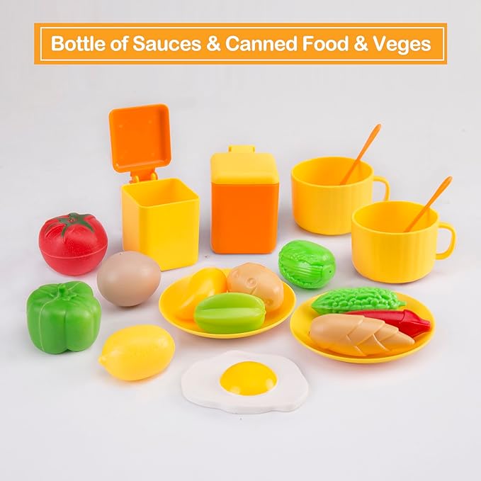 56Pcs Mini Play Kitchen Accessories for Kids, Pretend Cooking Playset with Cookware, Tableware & 2 Fruit Sets, Learning Gift for Girls, Boys, Toddlers, Yellow