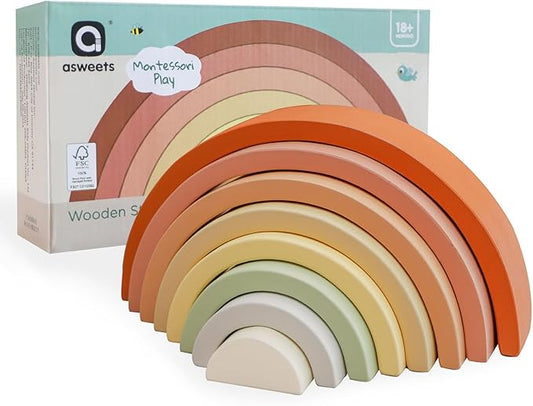 Asweets Wooden Stackable Rainbow Toy, 8 PCS Wooden Building Blocks Set for 1 2 3 Baby, Kids and Toddlers, Montessori Rainbow Nesting Puzzle, Best for 18M+, Cognitive Development (Pink)