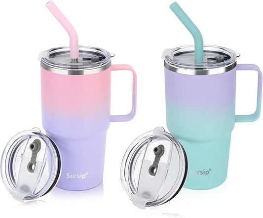 Sursip Kids 24 oz Insulated Cup with Handle, Double Wall Vacuum Stainless Steel Tumbler with Straw and 2 Lids, for Cold/Hot Drinks, Coffee Travel Mug for Car/Home/Office/Party/Camping (2 Pack)