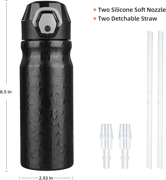 BJPKPK 18oz Insulated Water Bottle With Straw Stainless Steel Double Wall Water Bottles BPA Free Leak Proof Thermo With Lockable Flip Lid And Soft Silicone Spout,Black Leopard