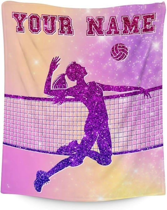 Custom Volleyball Blanket Gifts for Girls- 60x80 Inches Sport Throw Blanket for Women Kids Teens- Personalized Pink Soft Fuzzy Blankets for Couch Sofa Bed
