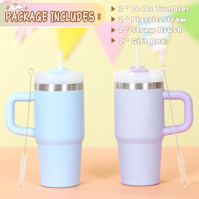 Cosictic 14 Oz Tumbler with Handle and Straw for Kids, Stainless Steel Double Wall Vacuum Insulated Cup for Children, 14 Oz Cups for Kids (Sky Blue, Purple)