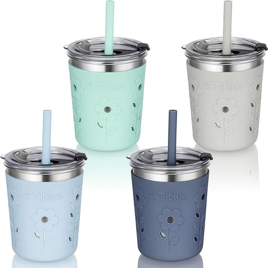 Tiblue Kids & Toddler Cups, 4 Pack 8oz Spill Proof Stainless Steel Tumblers with Leak Proof Lids, Silicone Straw with Stopper & Sleeve, BPA FREE Snack Smoothie Drinking Cup for Baby Girls Boys