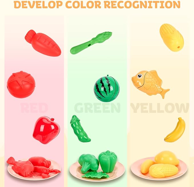 105Pcs Kids Kitchen Toy Accessories, Toddler Pretend BBQ Camping Cooking Playset, Play Pots, Pans, Utensils Cookware Toys, Play Food Set, Vegetables, Learning Gift for Girls Boys