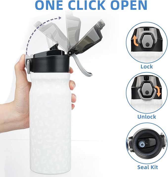 BJPKPK Water Bottle with Straw 18oz Insulated Water Bottles Reusable Stainless Steel Metal Thermal Flask with Leak Proof Lockable Lid and Carry Handle,Cream Leopard