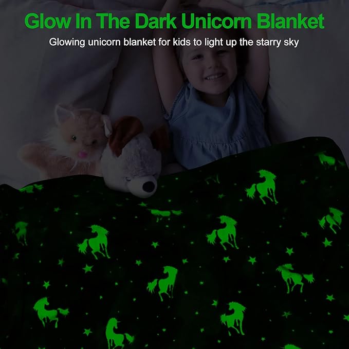 TEHALK Personalized Unicorn Blanket for Girls, Glow in The Dark, Kids Throw Blanket, 30"x40", Pink
