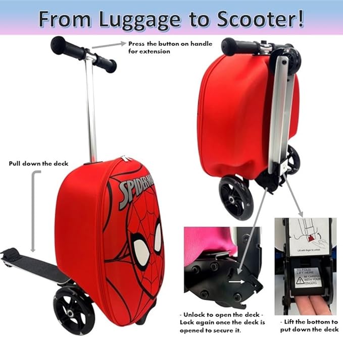 Fast Forward Kid’s Licensed 18" Ride-On Suitcase Scooter - Lightweight Carry-On Foldable Scooter Luggage