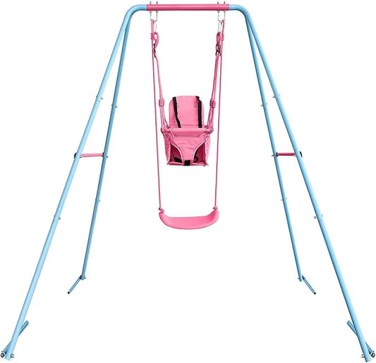 2-in-1 Toddler Swing Set with Metal Stand, Safety Belt & 4 Anchors - A-Frame Swing for Kids 6 Months+ (Pink, Indoor/Outdoor Backyard Playground)