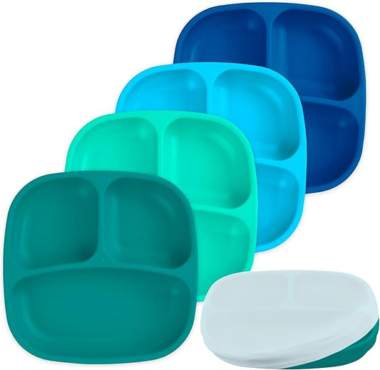 Re-Play Toddler Plates with Dividers & Silicone Lid - Deep-Walled 3 Compartments Divided Plates for Kids - Dishwasher/Microwave Safe - Made in USA - Set of 4-7.37" x 7.37" x 1.25" - A True Blue
