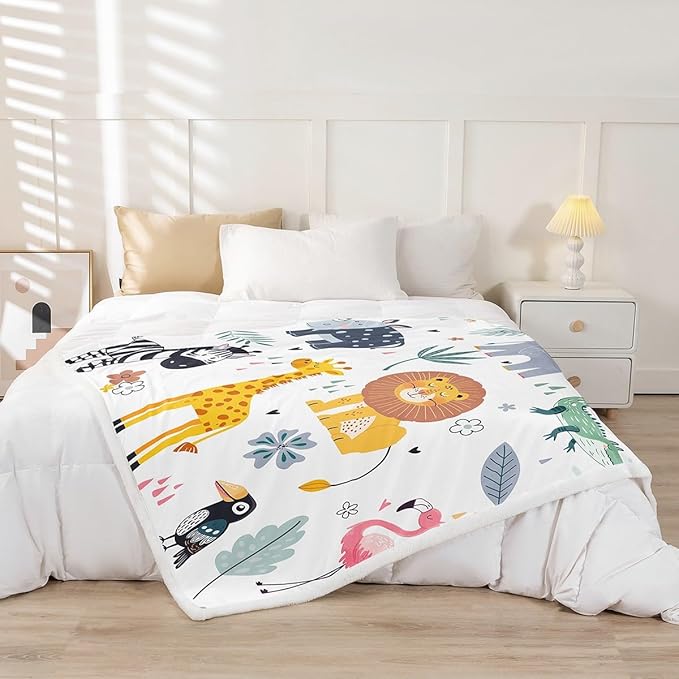 Kids Zoo Animal Sherpa Blanket - Cute Wild Safari Print Fleece Throw for Boys Girls Children Teens Bedroom Decor - Exotic Natural Fuzzy King Size 87x95 Inch