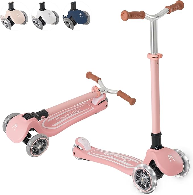Kick Scooter for Kids Ages 3-10 (Beige/Pink/Navy/White) 3 Wheeled with LED Light-Up Wheels CPSC Certified Foldable and 4 Height Adjustable Toddler Scooters for Boys Girls