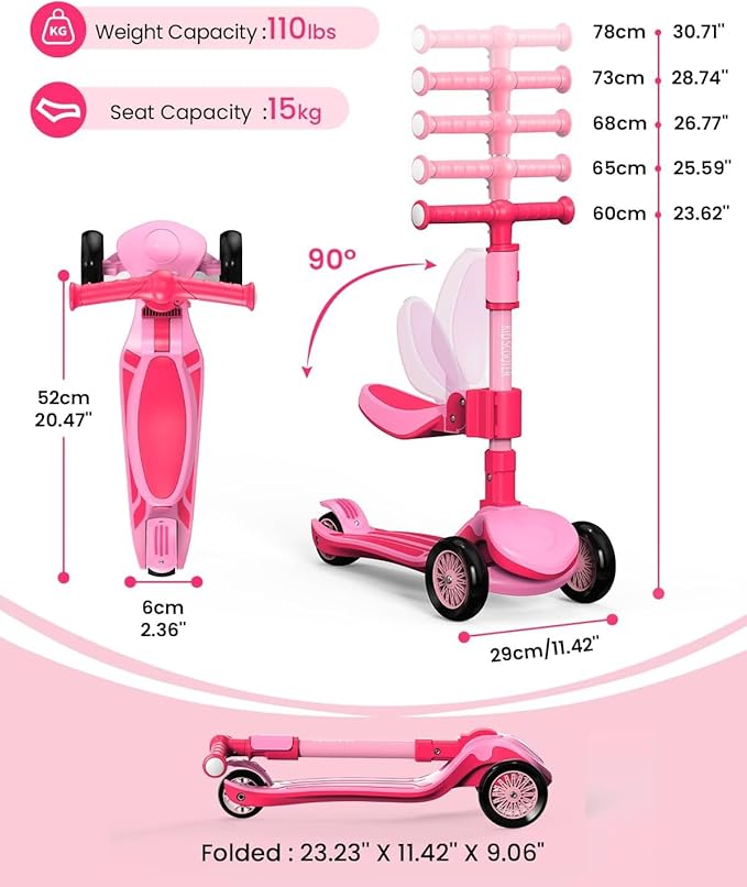 2-in-1 Adjustable Kick Scooter for Kids 3-5 (Suitable 3-12 Years),5-Level Handlebar & Removable Seat, LED Light-Up Wheels, Wide Deck, Foldable Design for Indoor/Outdoor Use - Girls & Boys