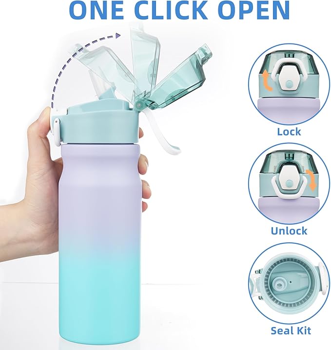 BJPKPK Water Bottle with Straw 18oz Insulated Water Bottles Reusable Stainless Steel Metal Thermal Flask with Leak Proof Lockable Lid and Carry Handle,Lavender Green