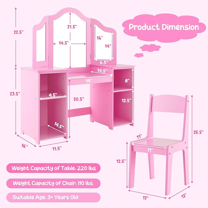 Costzon Kids 2-in-1 Princess Makeup Desk & Chair with Detachable Mirror, Shelves, Dressing Table for Little Girls (Pink)