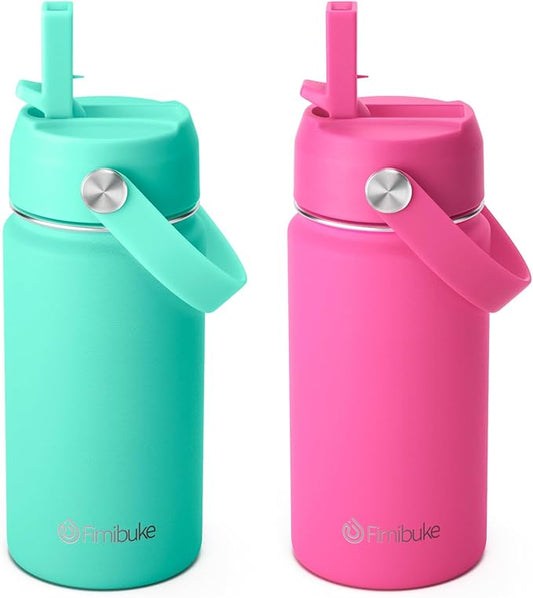 Fimibuke Kids Insulated Water Bottle, 14oz BPA FREE Double Wall Vacuum Travel Tumbler 18/8 Stainless Steel Leak Proof Kids Cups with Straw Metal Water Bottle for School Boy Girl (2 Pack, Hawaii)