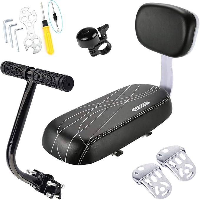 Bike Child Seat Kit, Included Bike Rear Seat Cushion with Safety Cycling Backrest + Backseat Armrest Handrail + Foldable Hidden Bicycle Footrests + Universal Handlebar Bell + Installing Tools