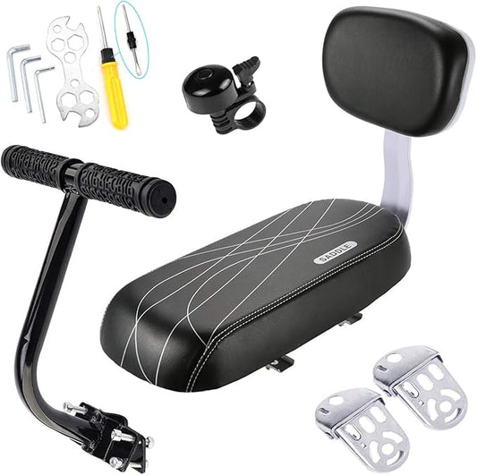 Bike Child Seat Kit, Included Bike Rear Seat Cushion with Safety Cycling Backrest + Backseat Armrest Handrail + Foldable Hidden Bicycle Footrests + Universal Handlebar Bell + Installing Tools