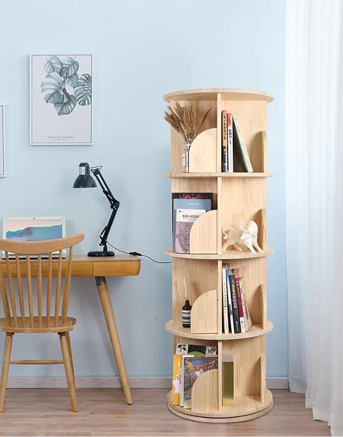 Rotating Bookshelf 360 Degrees, 4 Tier Stackable Solid Wood Bookshelf Organizer, Storage Display Rack Floor Standing Bookcase for Kids&Adults (51"x17.32"x17.32")