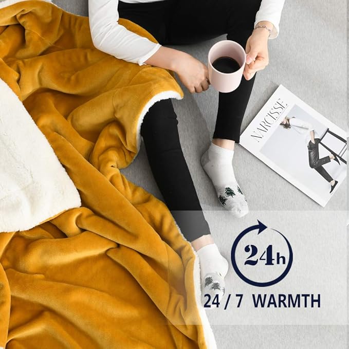 NANPIPER Throw Blanket Warm Sherpa Blanket Soft Fuzzy Plush Reversible Fleece Microfiber for Bed/Couch(60"x80",Ginger Yellow)