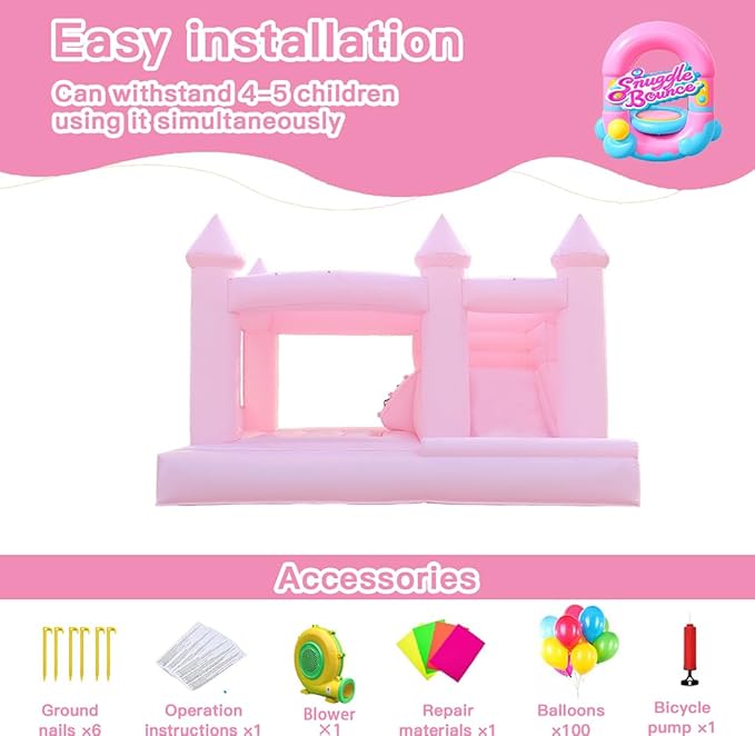 13FT 100% PVC Pink Bounce House Inflatable Bouncer with Air Blower Indoor and Outdoor Large Bouncing Castle Party Supplies & Holiday Decorations Easy to Install